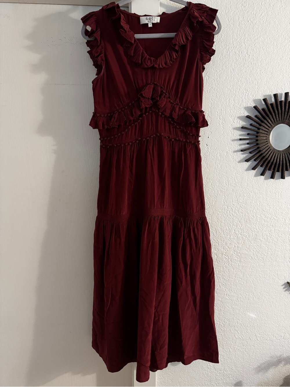 SEA New York Ruffled Sleeveless Midi Dress in Burgundy sz4